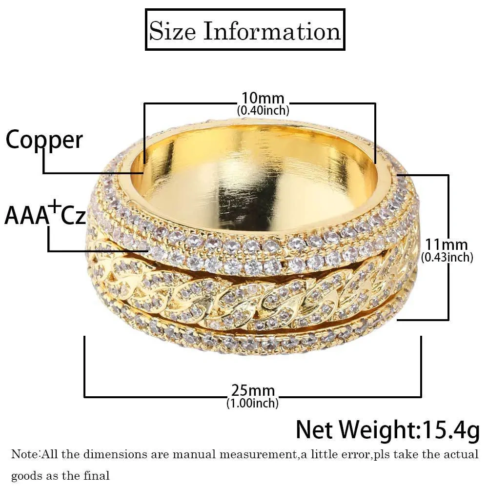 Hip Hop Iced Cuban Link Spinner Ring Micro Paved Brass Zircon Rotatable Cuban Link Ring for Women Fashion Jewelry