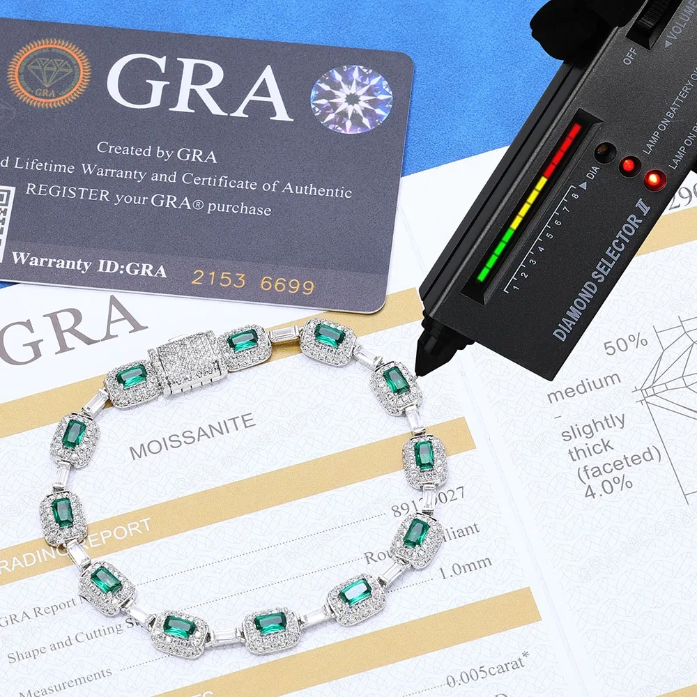 ESKEEM 7mm 925 Sterling Silver VVS Moissanite Bracelet Fine Jewelry Red/Green CZ & White VVS Chain