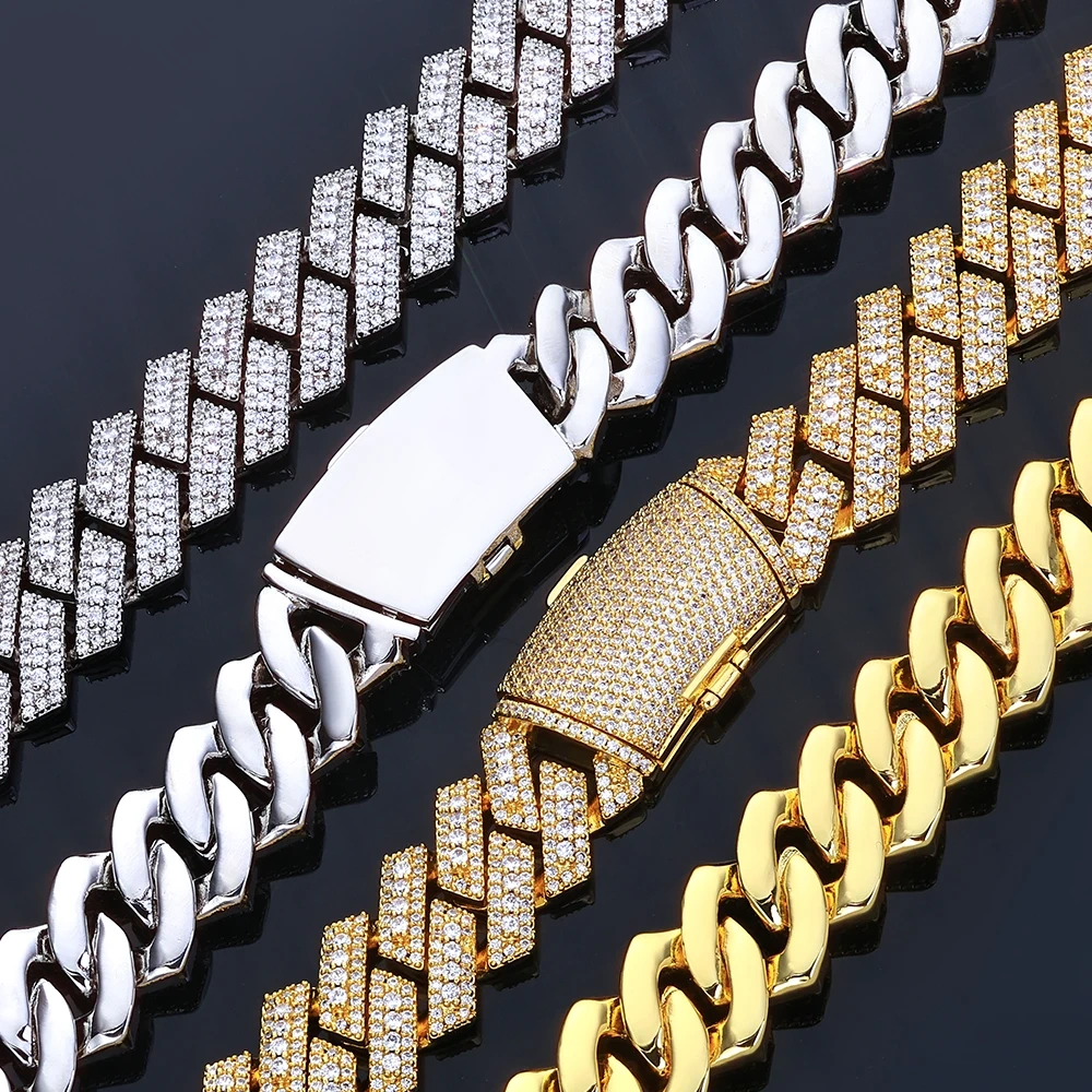 ESKEEM Hip Hop Fashion Jewelry 20mm Cubic Zirconia Cuban Chain Men 3 Rows Iced Out High Quality for Women Necklace