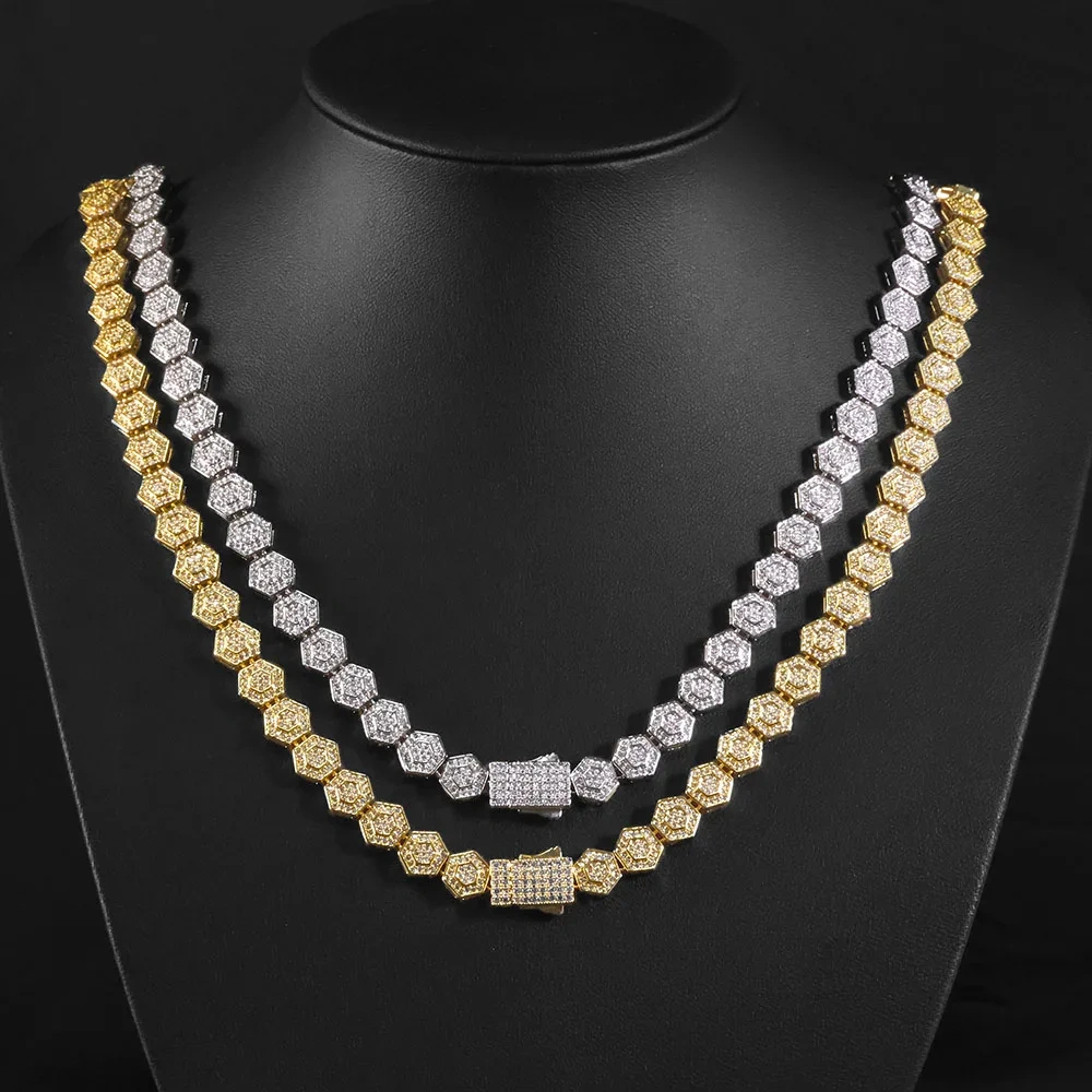ESKEEM Hip Hop Jewelry Bling Geometric Hexago Iced Chain 8.5mm Diamond Tennis Link Chain Necklace for Unisex