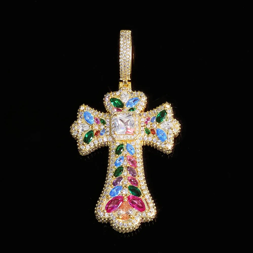 ESKEEM Custom Colorful Cross Pendant Large Baguette CZ Diamond Iced Out Charm Pendant Hip Hop Jewelry DropShipping Men Women