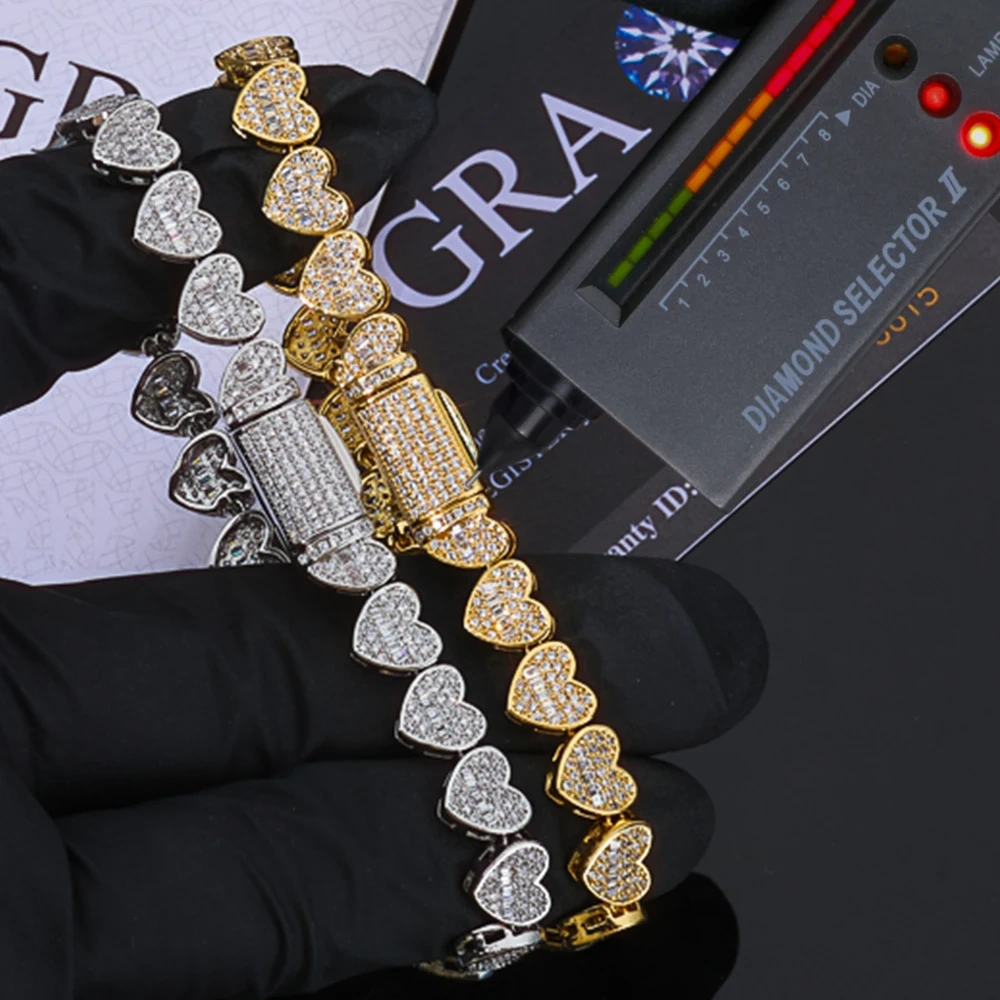ESKEEM 8mm Mixed Inlay Iced Out Baguette Heart Tennis Chain 925 Silver VVS Moissanite Necklace Hip Hop Women's Fine Jewelry