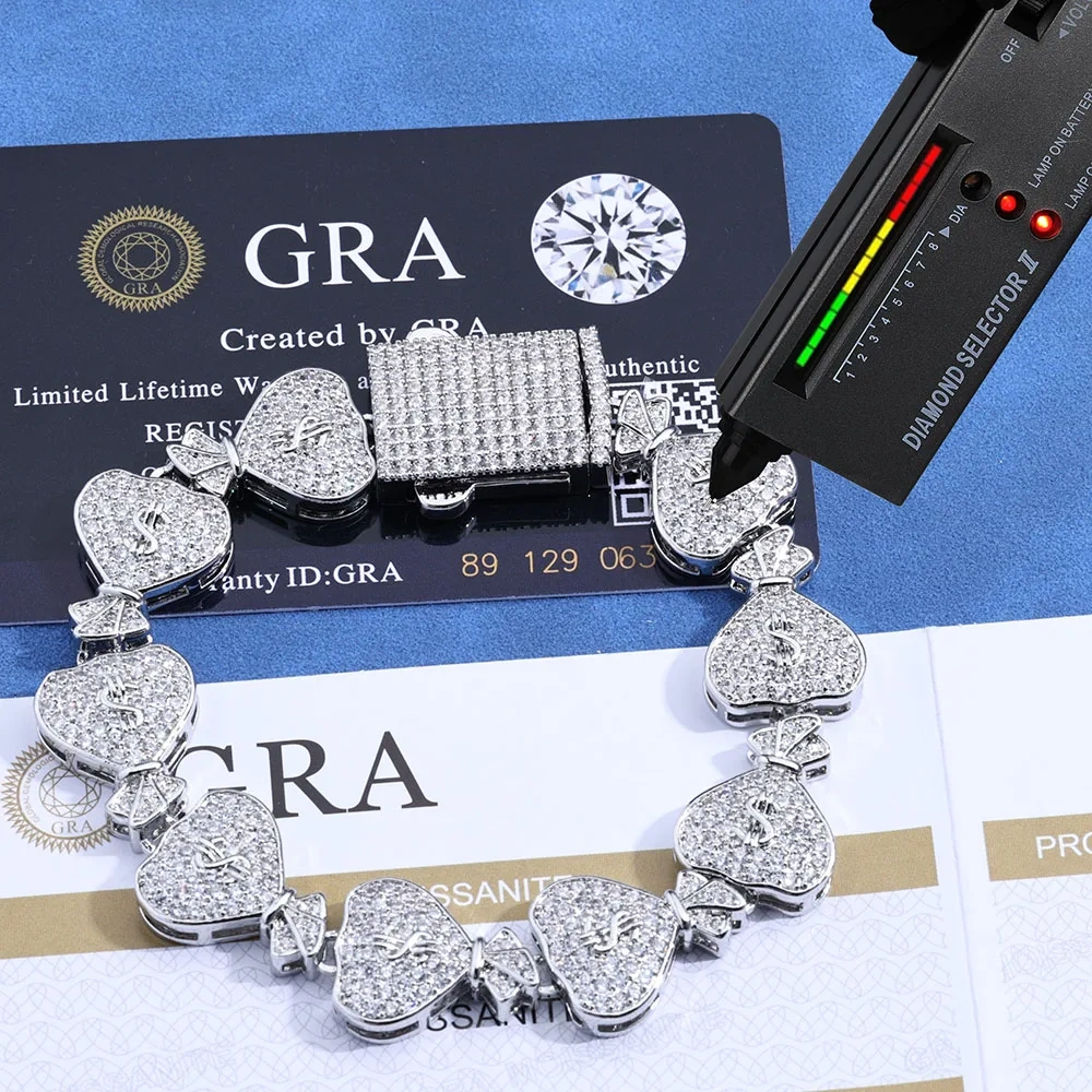 100% Pass Diamond Test Moissanite Money Bag Cuban Chain 925 Sterling Silver VVS Diamond Iced Out Women $ Sign Necklace Gift