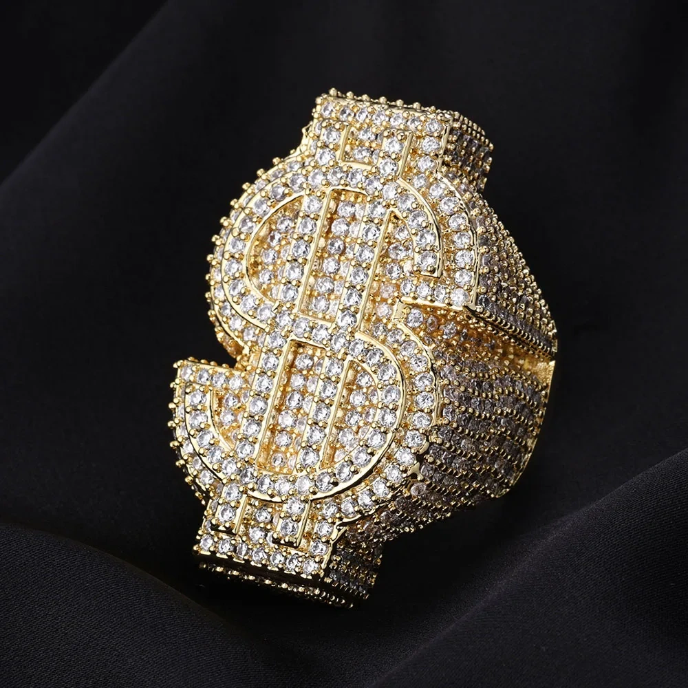 Hip Hop Full Ice Out $ Ring Copper With Zircon Money Big $ Sign Cut 18k Gold Plated Ring For Women Men Party Gift Drop Shipping
