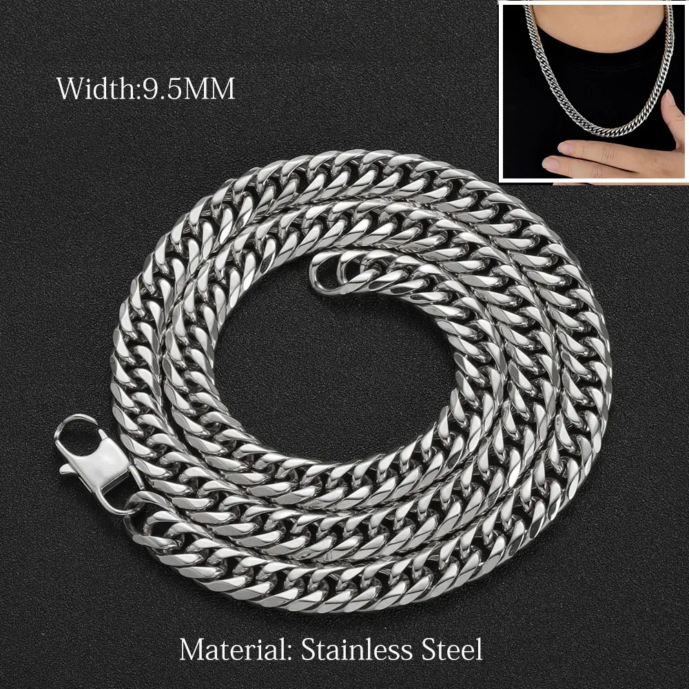 Hip Hop Jewelry 7/9.5MM Width Stainless Steel Miami 6 Side Cowboy clasp Cuban Chain Necklace 16-26"