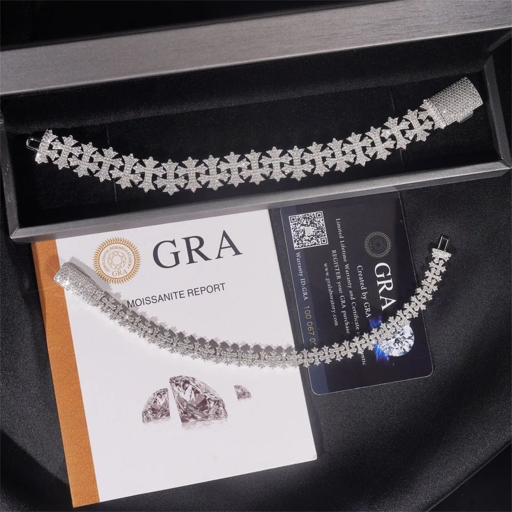 8MM Cross Cuban Chain VVS Moissanite Hip Hop Bracelet 925 Silver for Men and Women Cross Cuban Bracelet for Men and Women ﻿
