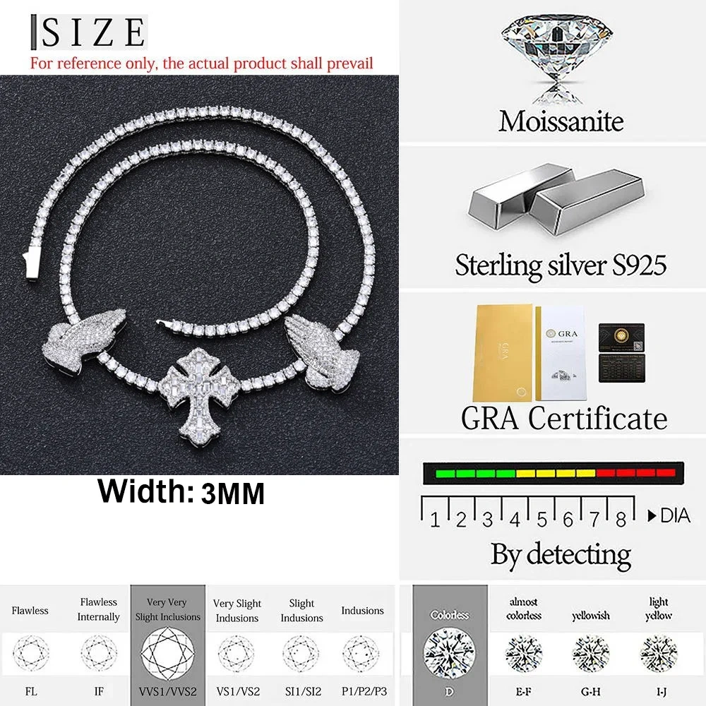 GRA Certified Custom Cross Necklace Silver 925 VVS Moissanite Hip-hop Ice Out Tennis Chain Necklace Women's Jewelry