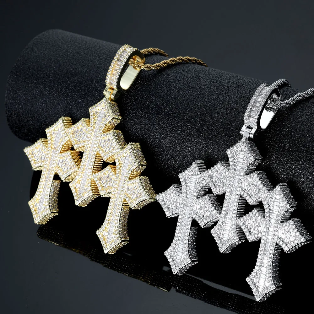 Hip Hop 3inch Iced Cross Pendant High Quality 5A Cubic Zirconia Cool Men Jewelry CZ Triple Cross Pendant Necklace Drop Shipping