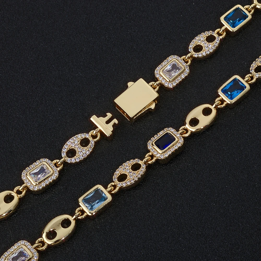 ESKEEM 10MM Gemstone Iced Out Pig Nose Bracelet New Blue Cubic Zirconia Cuban Link Bracelet Hip Hop Jewelry