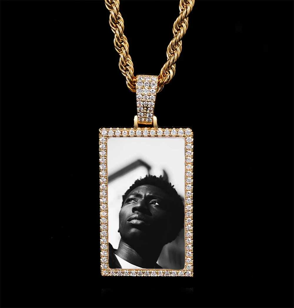 Custom Made Photo Rectangle Shape Pendant Necklace Zircon Men's Hip Hop Jewelry Memory Picture Pendant For Men Gift