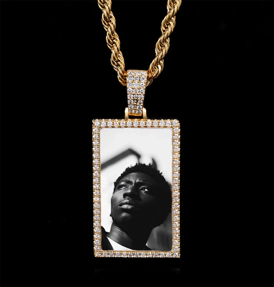 Custom Made Photo Rectangle Shape Pendant Necklace Zircon Men's Hip Hop Jewelry Memory Picture Pendant For Men Gift