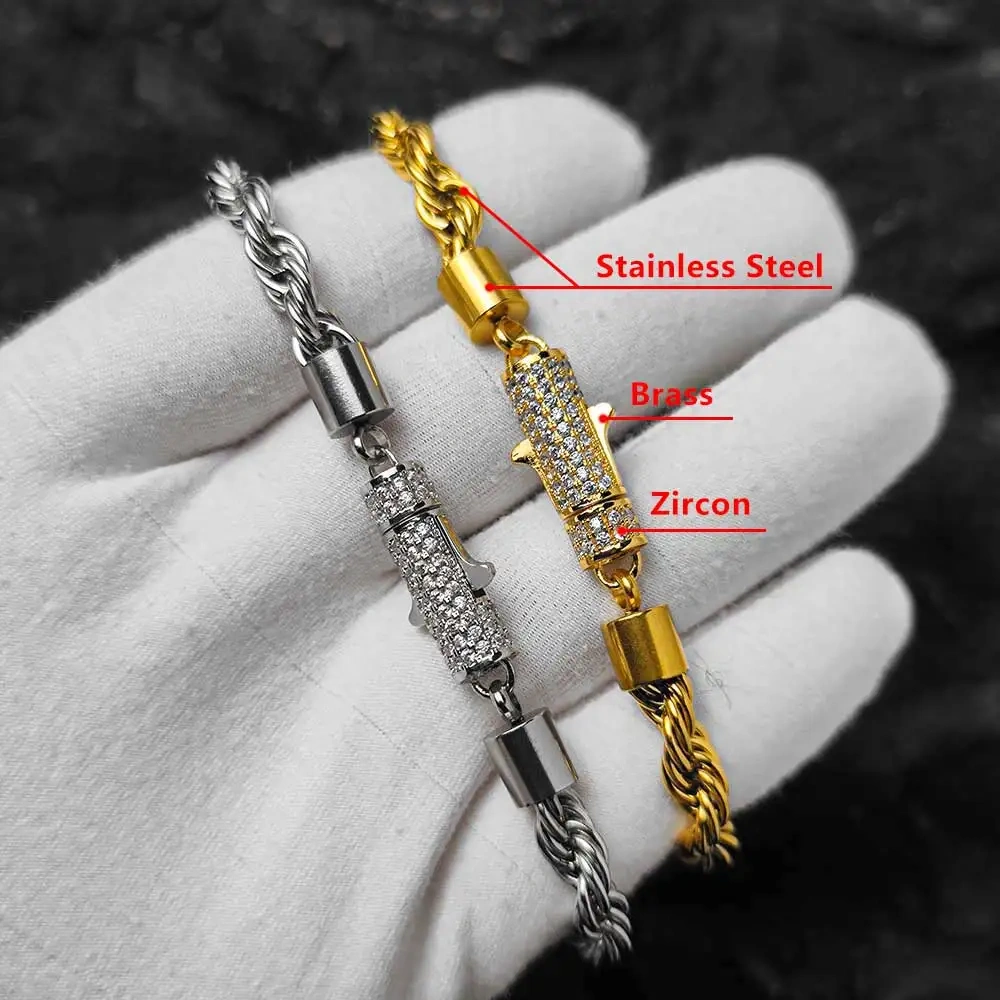 Nuoya New Style 6mm Iced Out Clasp Rope Chain Stainless Steel Twist Rope Chain Bracelet Jewelry For Women