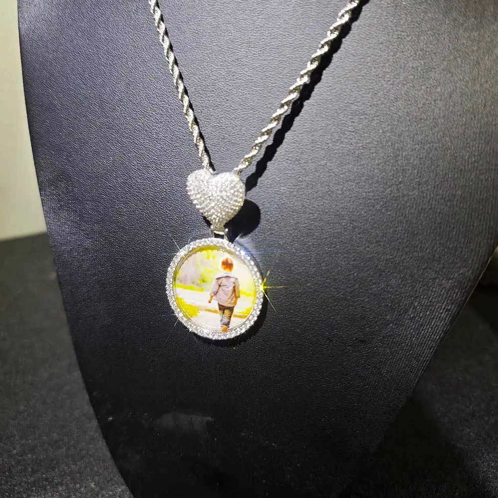 ESKEEM Custom Heart Bail Circle Chain Photo Pendant Necklace DIY Iced Out 35mm Photo Frame Pendant Hip Hop Necklace Jewelry