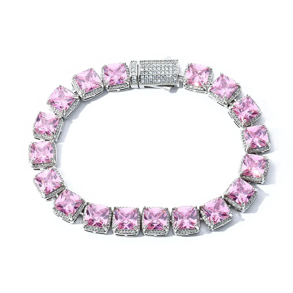 Stunning Pink Princess Cut Cubic Zircon Square Shape Tennis Chain for Women Bride Engagement Wedding Necklace Lady Gift