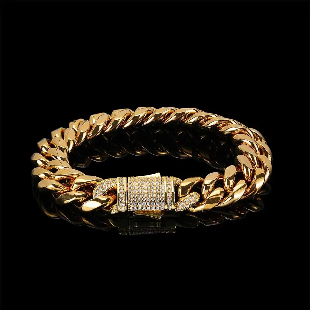 Hip Hop Stainless Steel Bracelet Bling CZ Clasp Jewelry for Men Designs Cuban Link Bracelet Free Custom Logo Drop Shipping
