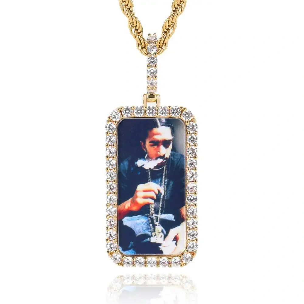 Custom Picture Necklace for Men Personalized Medallions Rectangle Photo Pendant Solid Back Zircon Hip Hop Jewelry
