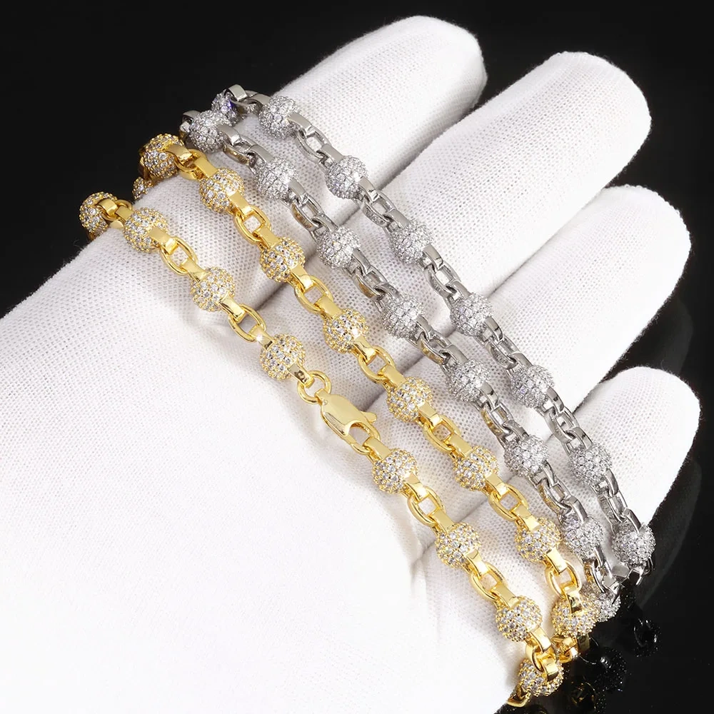 ESKEEM New 6mm Round Bead Necklace Full Pave Iced Out Cubic Zirconia Cuban Link Chain for Men Women Hip Hop Jewelry