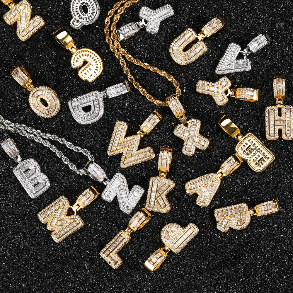 Dropshipping Iced Out Initials Rock Sugar Letter Pendant Men's Hip Hop 18K Gold Plating Name Necklace for Men With Rope Chain