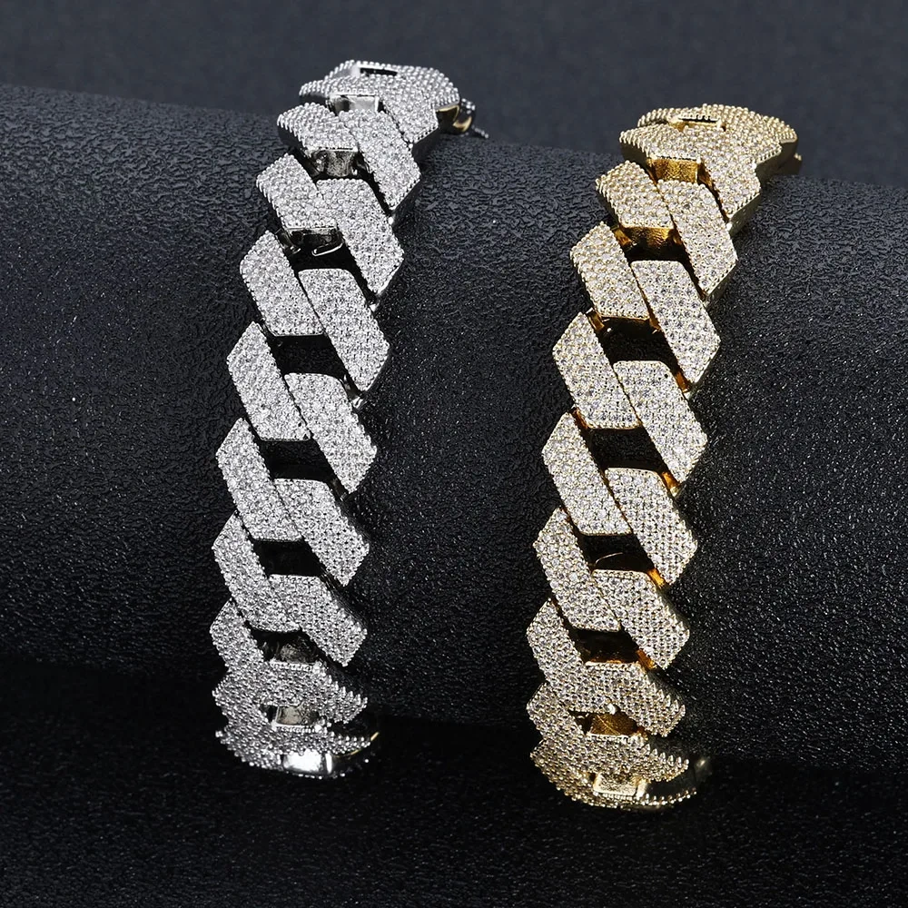 Hip Hop Jewelry White Gold Prong Miami Cuban Link Chain for Women 15mm 4 Rows Iced Out Diamond Prong Cuban Chain Bracelet