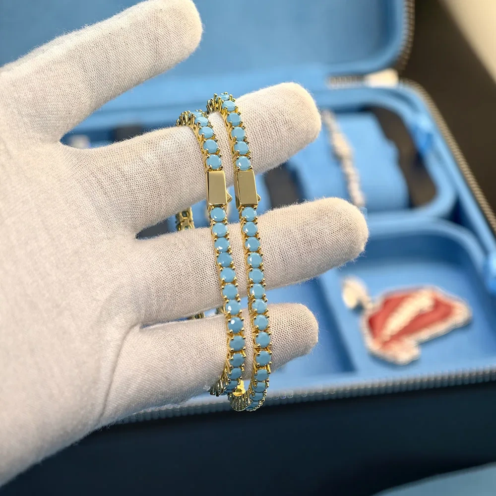 ESKEEM Fashion Jewelry Women 4mm Custom Blue Turquoise Tennis Chain Bracelet 18K Gold Plated Tennis Bracelet for Gift ﻿