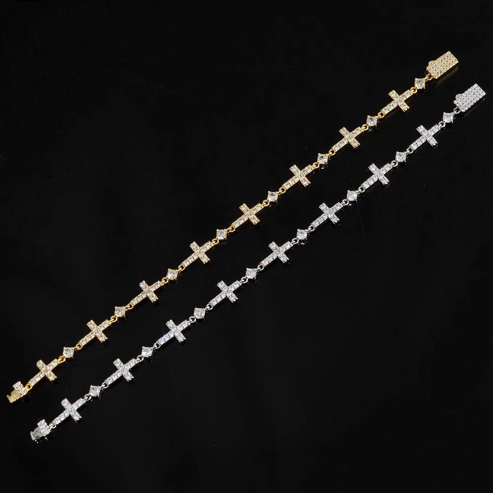 ESKEEM Luxury Gold Plated 5MM Iced Out Chain Bracelet Elastic Clasp Small Cross Design Bling Zircon Stones Fine Jewelry