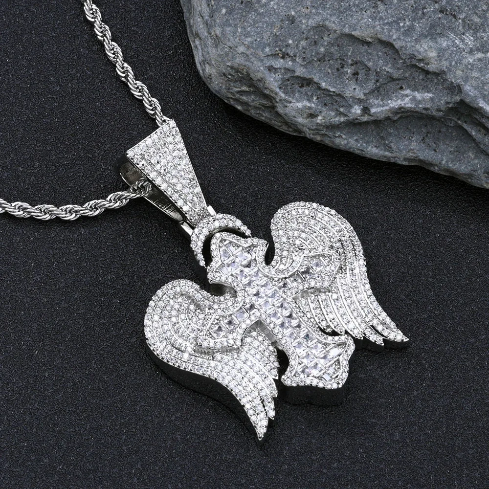Hip Hop Sparkling Ice Flower Zircon Cross Wings Pendant Full Diamond Cross Pendant Necklace Accessories Men Women Jewelry