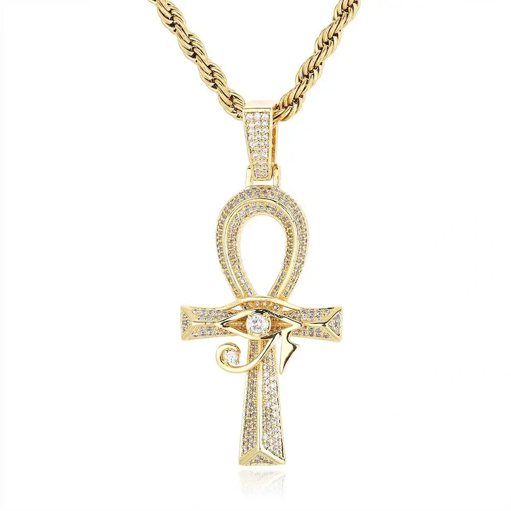 Ancient Egyptian Amulet Anka Cross Bling CZ Stone 18k Gold Color Plated Eye Of Horus Pendant Necklace For Men