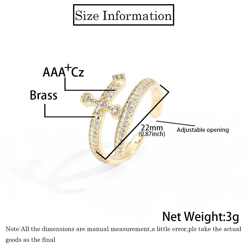 Hip Hop Jewelry Open Adjustable Ring Justice Sword Iced Out Zircon Cross Rings For Women Men Party Gift