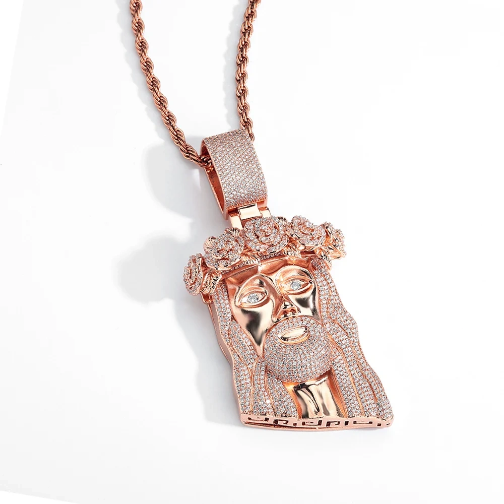 Hip Hop Fine Rose Gold Iced Cuban Chain with Jesus Pendant Jewelry Two Tone Jesus Religious Christian Pendant Necklace Gift