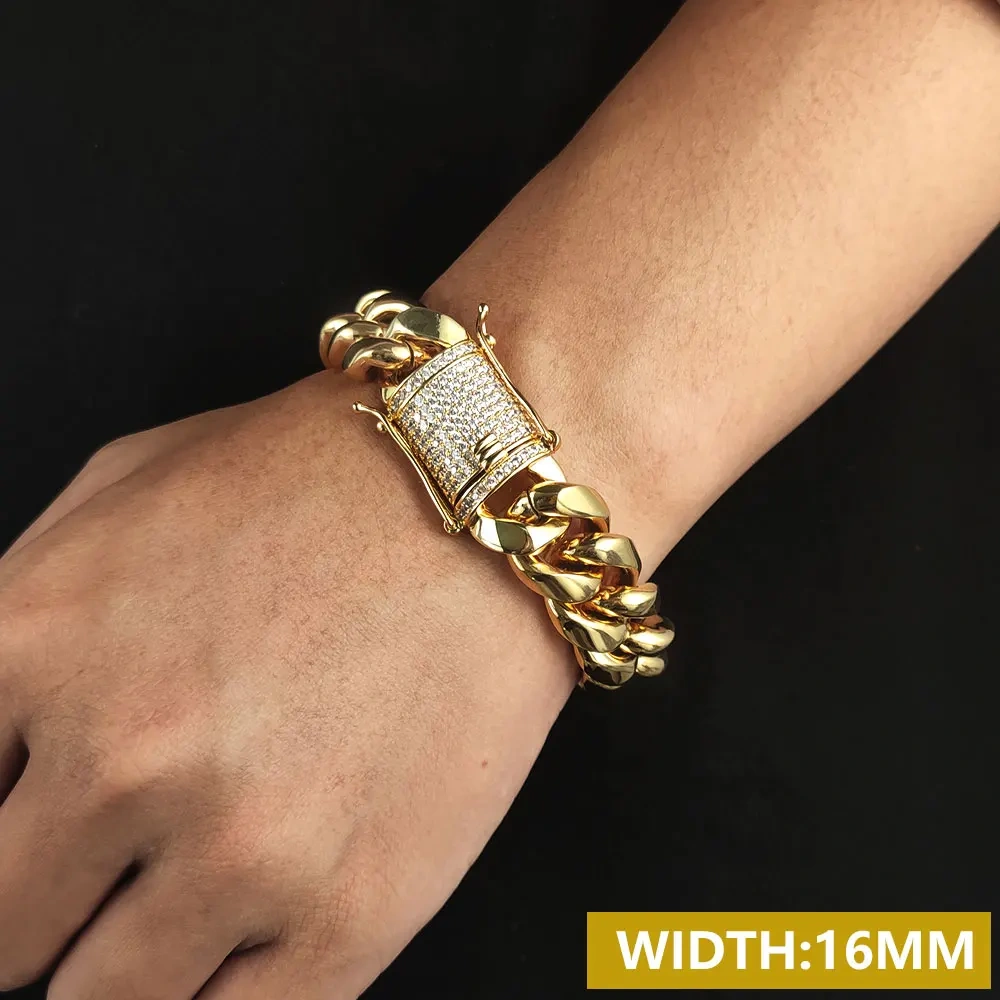6/8/10/12/14/16MM Hip Hop Rock Zircon Clasp Cuban Bracelets For Men Stainless Steel Jewelry