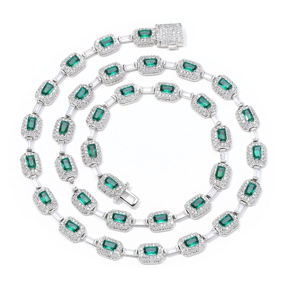 New Style Bling Baguette White VVS Moissanite Link Chain 925 Sterling Silver Green CZ Diamond Chain Necklace for Women Jewelry ﻿