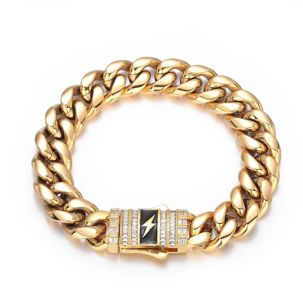 Hip Hop Jewelry 12MM Stainless Steel Cuban Link Necklace Brass Rectangle CZ Iced Out Bling Lightning Clasp For Men Women