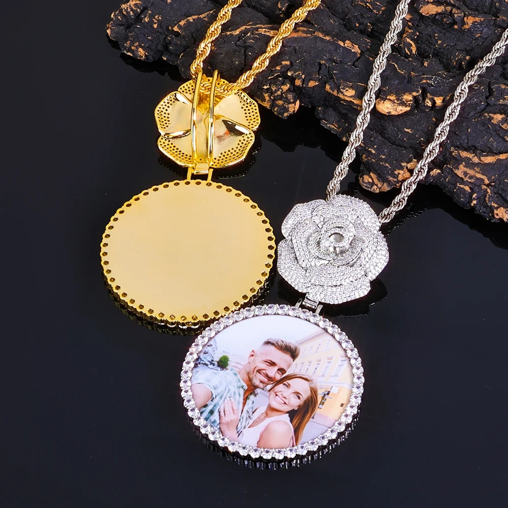 Customizable HipHop Rose Flower Bail Medallion Jewelry Personalized DIY Photo Memory Pendant 45/68mm Circle Picture Chain Gift