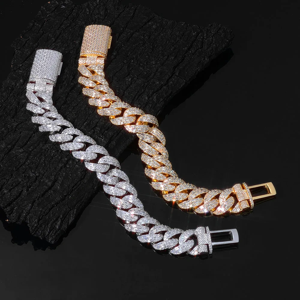 ESKEEM 20mm 3 Rows Cubic Zirconia Cuban Bracelet Iced Out CZ Baguette Cut Diamond Inlay Thick Chain Hip Hop Fine Jewelry