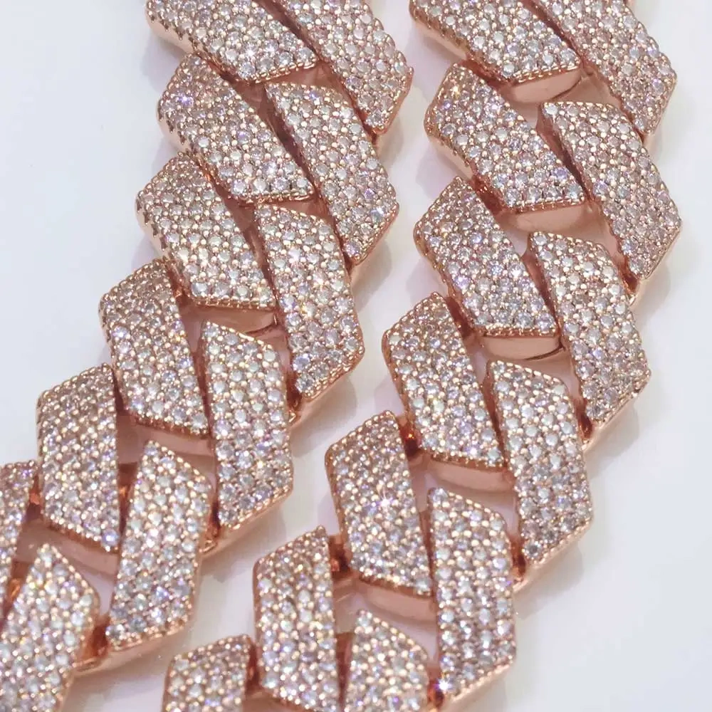 Rose Gold Plated Chain Hip Hop Jewelry 15mm Luxury Women Man Bling Prong Iced Diamond Cuban Link Necklace Birthday Party Gift