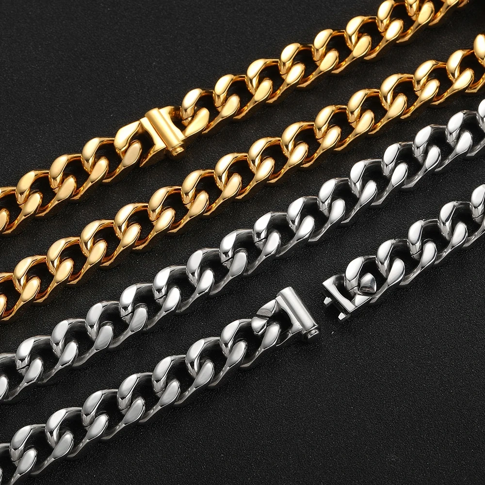 Hip Hop Fashion Jewelry PVD Plating Cuban Necklace Stainless Steel Chunky 10/12MM Miami Cuban Link Chains For Men Gift