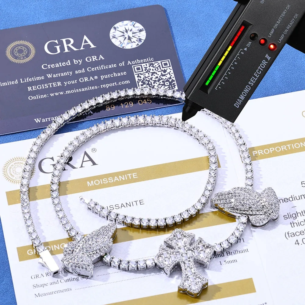 GRA Certified Custom Cross Necklace Silver 925 VVS Moissanite Hip-hop Ice Out Tennis Chain Necklace Women's Jewelry