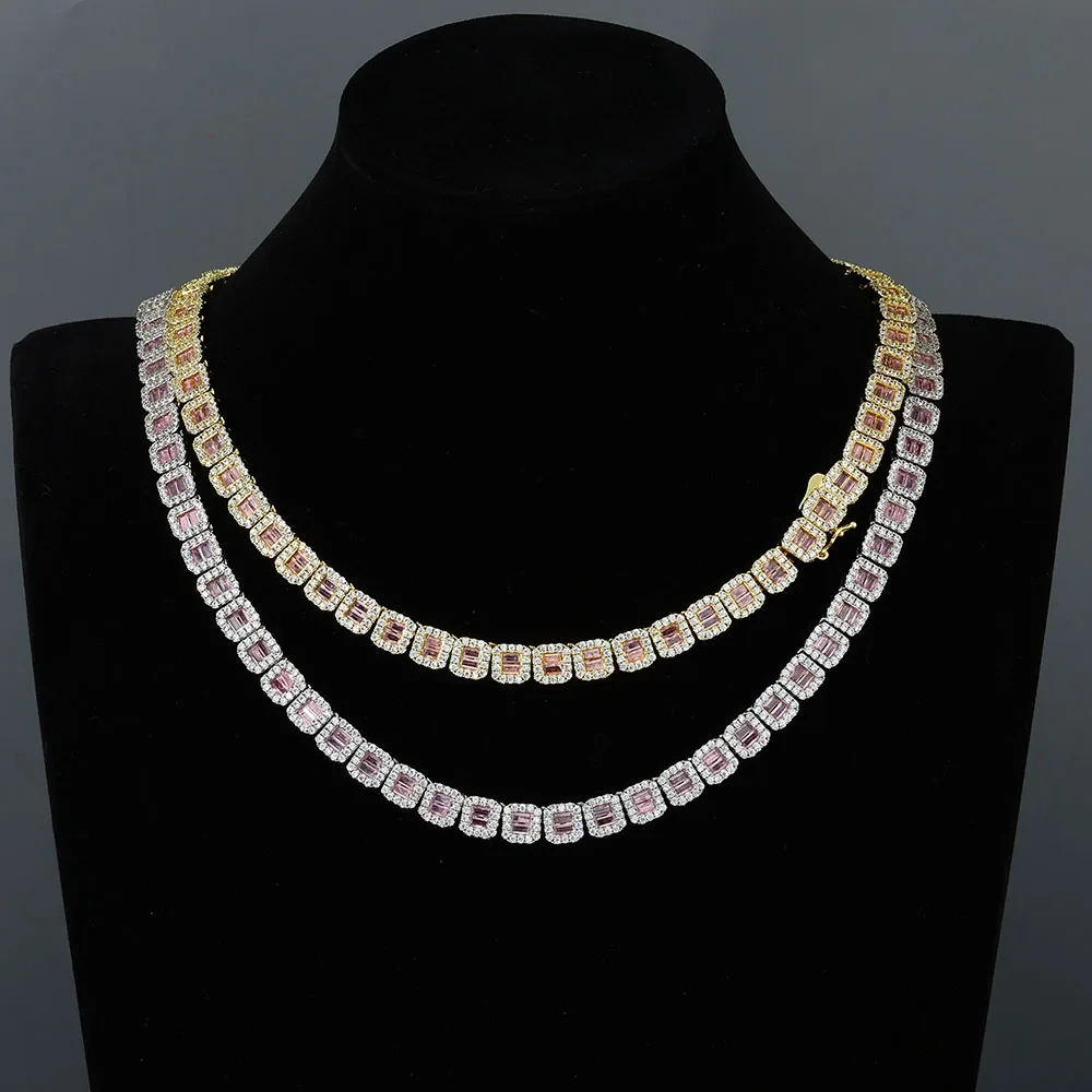 ESKEEM Hip Hop Jewelry White Gold Plated Clustered Tennis Chain for Women Micro Pave Purple Baguette CZ Diamond Tennis Necklace
