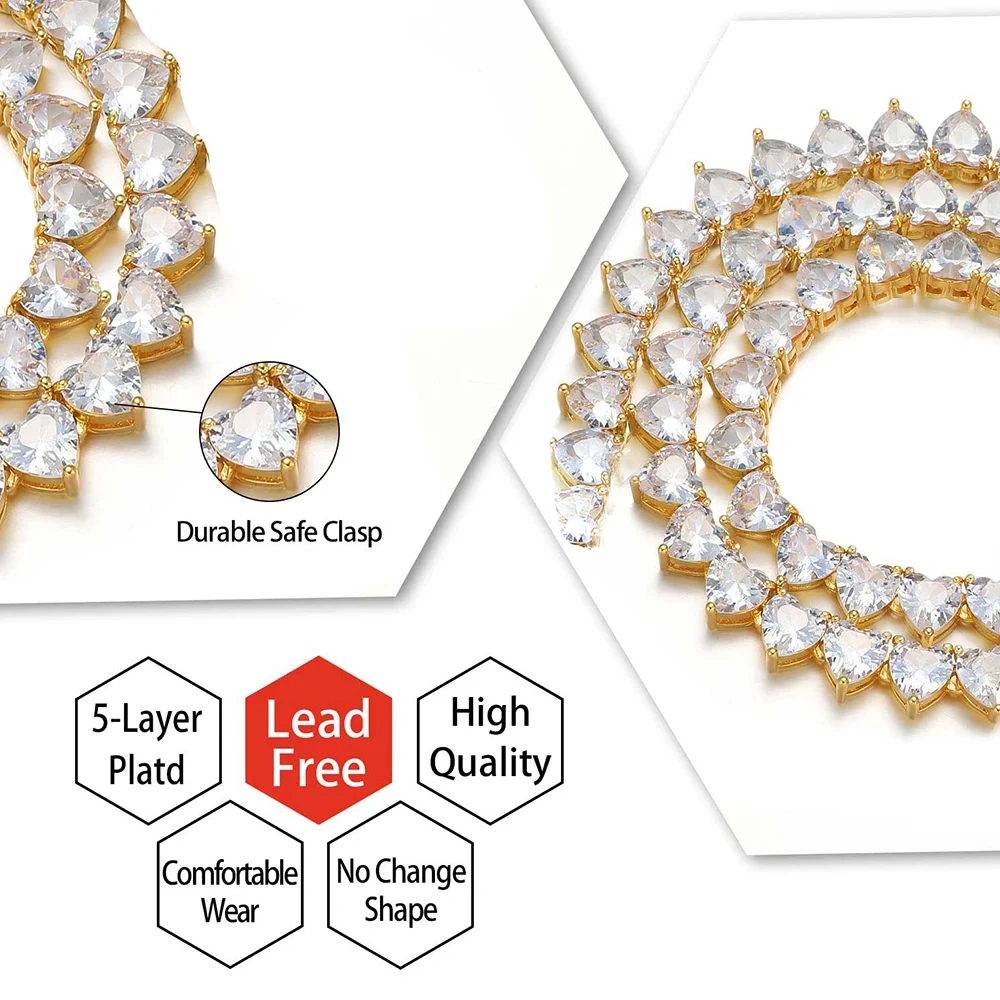 Hip Hop Heart Shape CZ Hip-Hop Tennis Chain Iced Out Bling Necklace For Women Girlfriend Valentine's Gift Fashion Jewelry