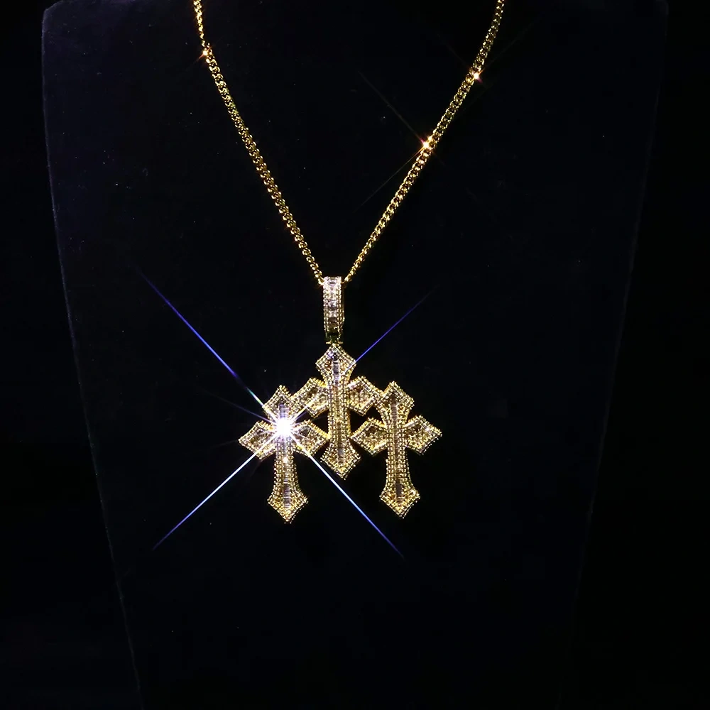 Hip Hop 3inch Iced Cross Pendant High Quality 5A Cubic Zirconia Cool Men Jewelry CZ Triple Cross Pendant Necklace Drop Shipping