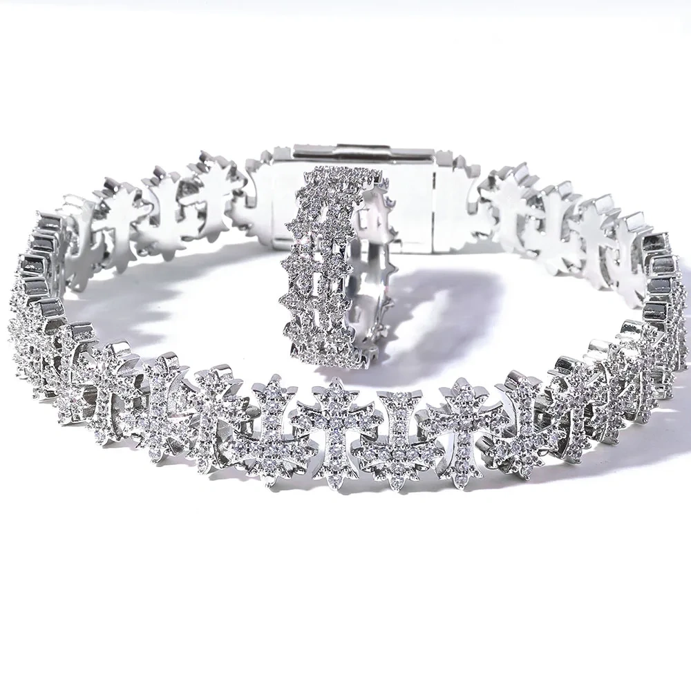 ESKEEM 8MM Cross Ring Bracelet Hip Hop Jewelry Set Bling Iced Prong Setting CZ Diamond Fashionable Charm for Men Women
