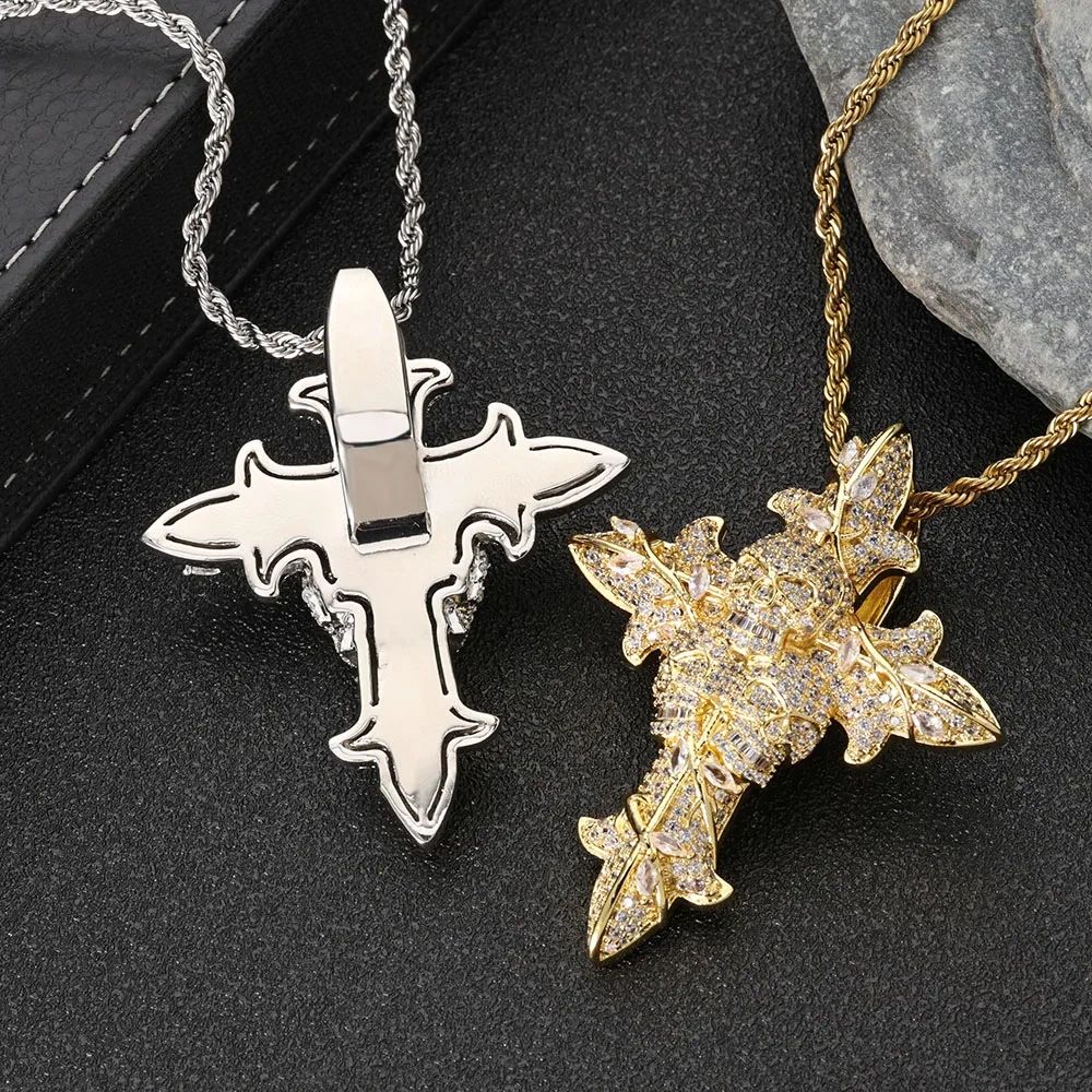 Hot Selling Vintage Jewelry Iced Out Flower Skull Cross Pendant Necklace 5A Zircon Christian Religious Cross Necklace Charm