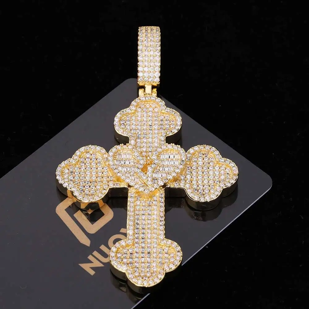 Hip Hop New Fashion Big Full Iced Out Bling Cross Pendant 5A Cubic Zirconia CZ Heart Broken Cross Men Pendant Necklace Jewelry