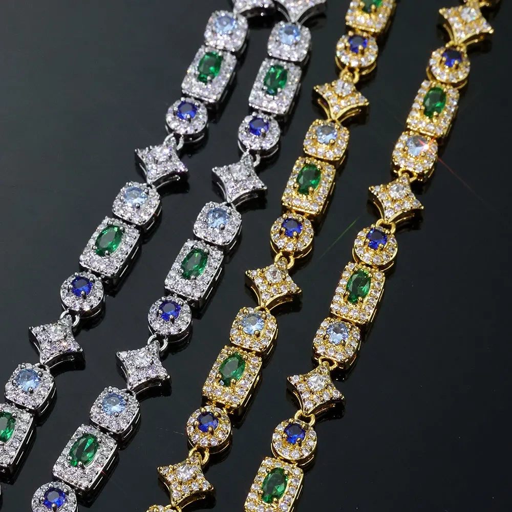 6MM Colorful Rectangle Tennis Chain Necklace 18k Gold Plated Brass Green/Blue Iced Out Choker Women Gift