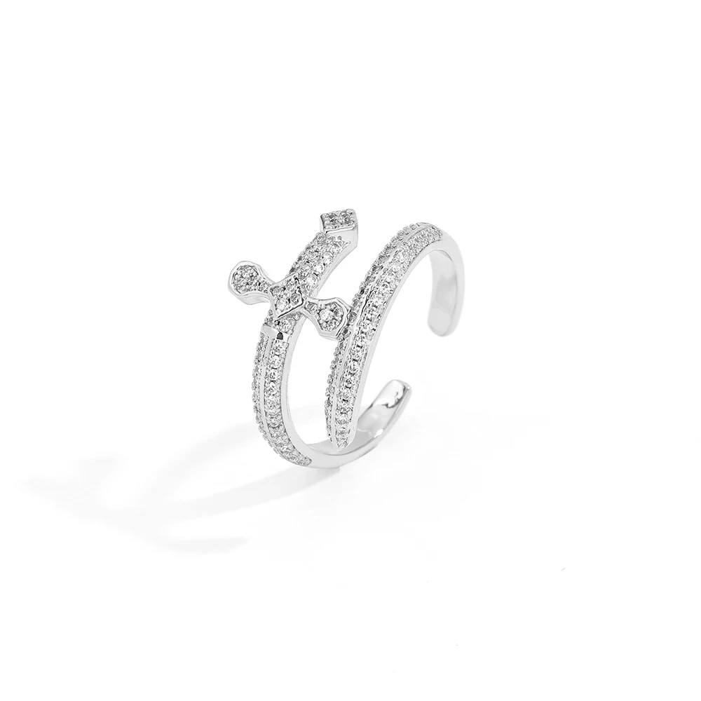 Hip Hop Jewelry Open Adjustable Ring Justice Sword Iced Out Zircon Cross Rings For Women Men Party Gift