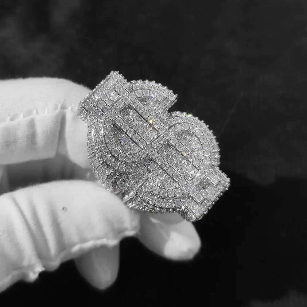 Hot Sale Custom Hip Hop Full Ice Out $Ring Copper With Zircon Money Big $ Sign Cut 18k Gold Plated Ring For Women Men