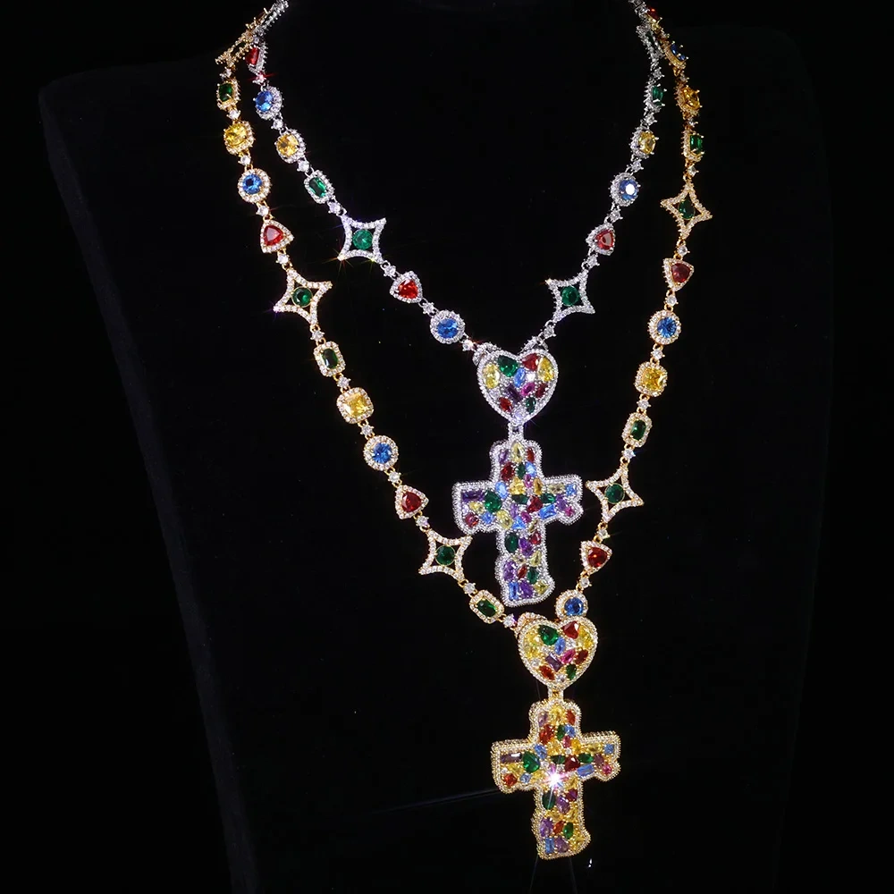 Trendy New Arrivals Cross Pendant Necklace Fancy Cut Diamonds Fashion Iced Out Multi-Colored Gemstones Chain Hip Hop Jewelry