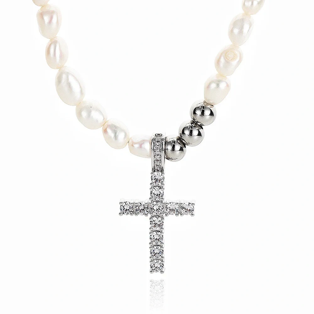 Hip Hop Natural Trendy Freshwater Brass Cross Custom Rapper Rock For Men Chain Necklace Iced Out Jewelry