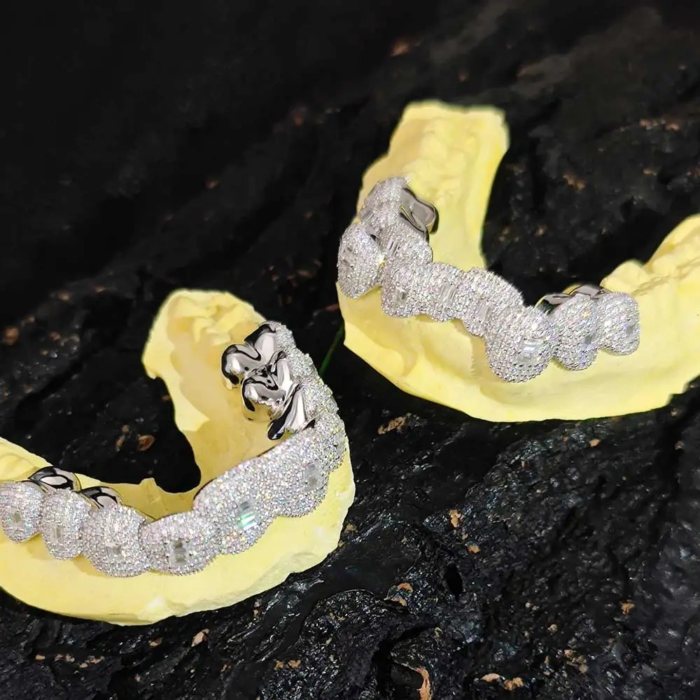 Hip Hop Iced Out VVS Grillz Invisible Setting Princess Cut Moissanite 925 Sterling Silver Top10 Bottom10 Grillz Pass Tester