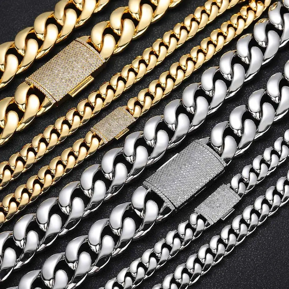 ESKEEM 8/10/12/14/22MM Heavy Miami Cuban Chain 18K Gold Plated Brass Necklace Diamond Cut Clasp Hip Hop Jewelry